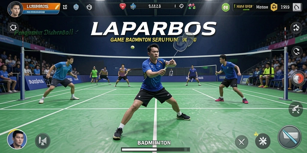 Antarmuka utama game LAPARBOS menunjukkan pemain beraksi di lapangan badminton.